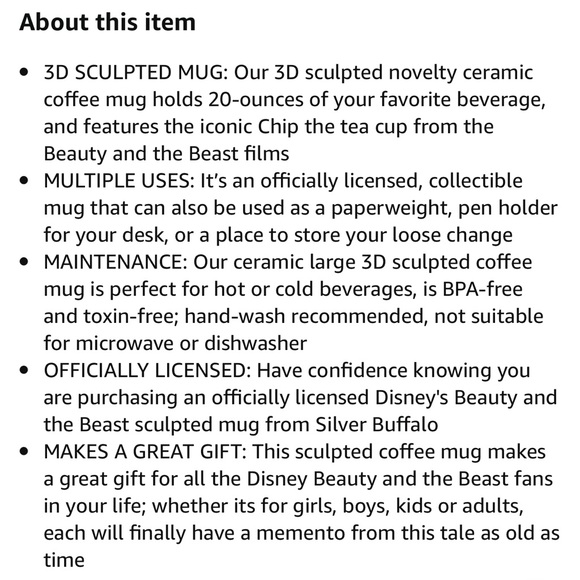 NEW!! BEAUTY AND THE BEAST Chip 3D Ceramic Cup 20oz - Picture 7 of 7